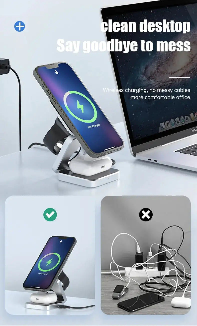 3 In 1 Foldable Magnetic Wireless Charger Stand For iPhone 15, 14, 13 Pro/Max/Plus, AirPods 3/2 Station Dock Fast Charger Holder