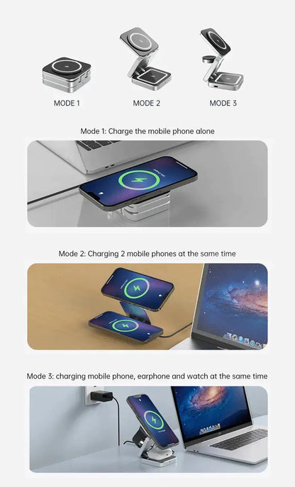 3 In 1 Foldable Magnetic Wireless Charger Stand For iPhone 15, 14, 13 Pro/Max/Plus, AirPods 3/2 Station Dock Fast Charger Holder