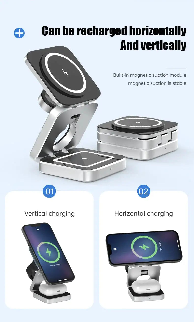 3 In 1 Foldable Magnetic Wireless Charger Stand For iPhone 15, 14, 13 Pro/Max/Plus, AirPods 3/2 Station Dock Fast Charger Holder