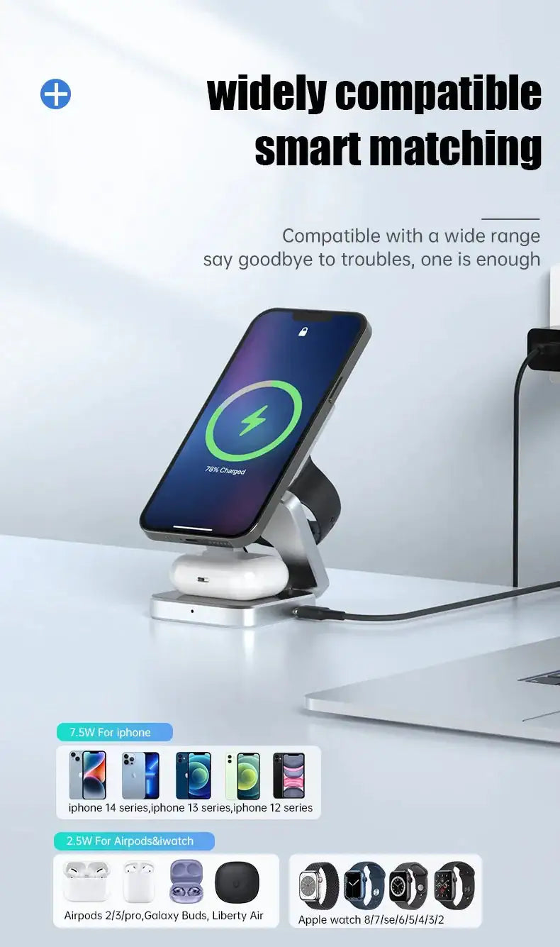 3 In 1 Foldable Magnetic Wireless Charger Stand For iPhone 15, 14, 13 Pro/Max/Plus, AirPods 3/2 Station Dock Fast Charger Holder